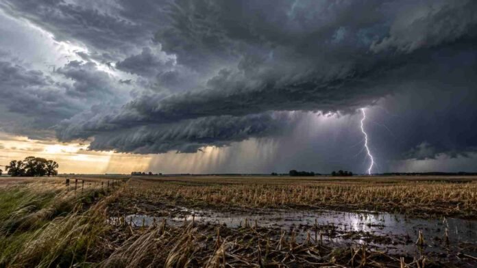Tormenta fuerte con relámpagos sobre un campo agrícola argentino con rastrojo y suelo húmedo