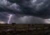 Tormentas e inestabilidad avanzan por el centro y norte del país: el viernes vuelven las heladas Tormenta con fuerte cortina de lluvia y un relámpago sobre un paisaje rural de la región pampeana argentina.