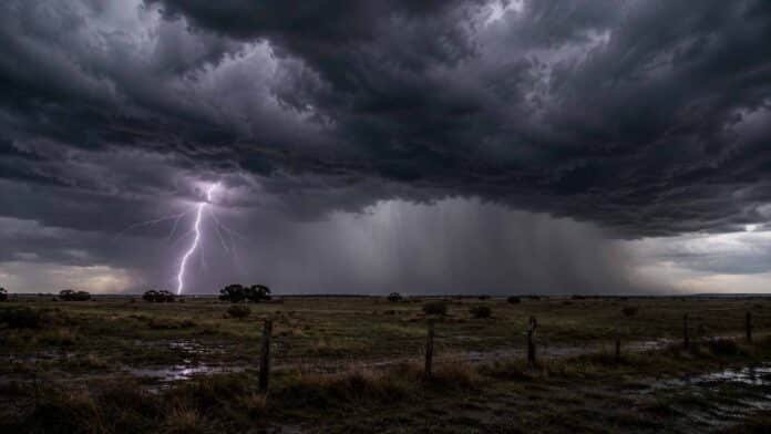 tormentas-lluvias-campo-argentina-septiembre-202 Tormenta con fuerte cortina de lluvia y un relámpago sobre un paisaje rural de la región pampeana argentina.