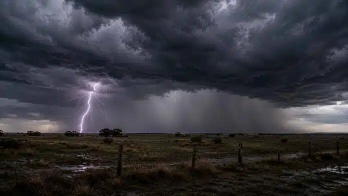 Tormenta con fuerte cortina de lluvia y un relámpago sobre un paisaje rural de la región pampeana argentina.