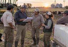 UATRE: homologaron el acuerdo salarial rural y fijaron nuevos mínimos hasta octubre de 2027 Trabajadores rurales reunidos en un establecimiento agropecuario mientras revisan documentación, en el marco del acuerdo salarial homologado de UATRE