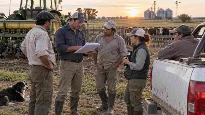 trabajadores-rurales-acuerdo-salarial-uatre-2026 Trabajadores rurales reunidos en un establecimiento agropecuario mientras revisan documentación, en el marco del acuerdo salarial homologado de UATRE