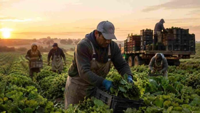 Trabajadores rurales realizan tareas de cosecha en un campo durante una jornada de empleo temporario.