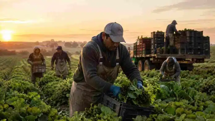 Trabajadores rurales realizan tareas de cosecha en un campo durante una jornada de empleo temporario.
