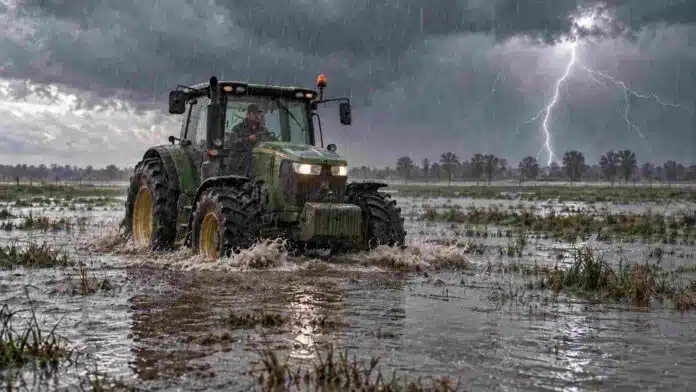 tractor-inundacion-tormenta-el-nino-ruralnet Tractor con conductor avanzando por un campo inundado bajo lluvia intensa y relámpagos, en una escena rural asociada al impacto de El Niño