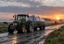 Récord lácteo: las exportaciones llegaron a 1.835 millones de litros Tractor remolcando un acoplado tanque de transporte de leche sobre un camino rural mojado al amanecer, con pasturas y vacas al fondo.