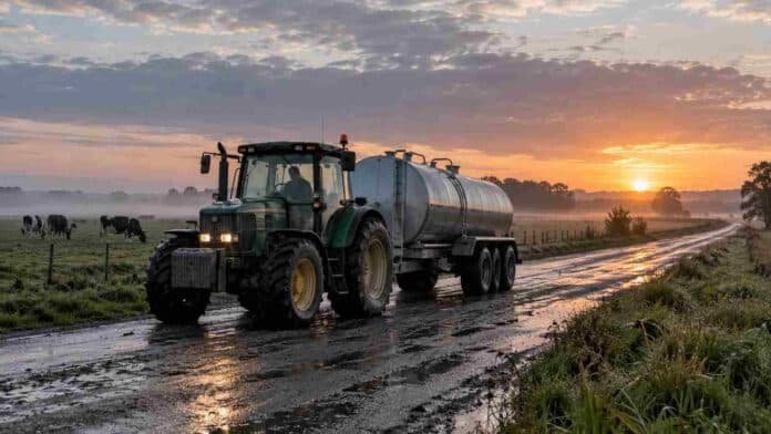 Tractor remolcando un acoplado tanque de transporte de leche sobre un camino rural mojado al amanecer, con pasturas y vacas al fondo.