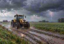 El SMN alerta por tormentas en el norte y lluvias intensas en Buenos Aires este martes Tractor Valtra amarillo avanza por un camino rural embarrado bajo la lluvia, con un relámpago sobre los campos al fondo