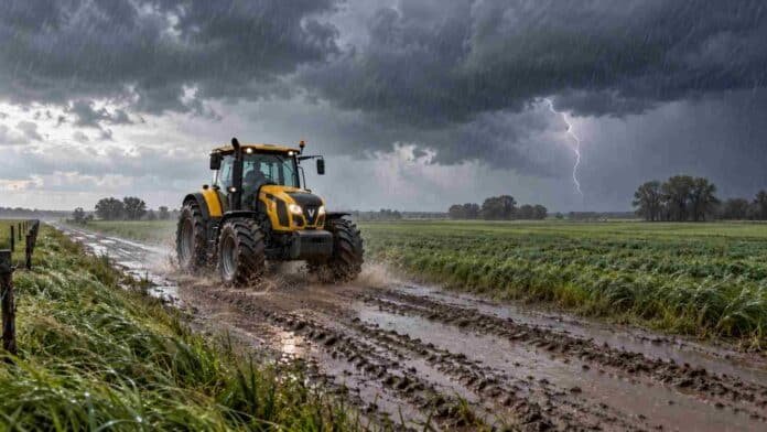 tractor-valtra-amarillo-tormenta-camino-rural Tractor Valtra amarillo avanza por un camino rural embarrado bajo la lluvia, con un relámpago sobre los campos al fondo