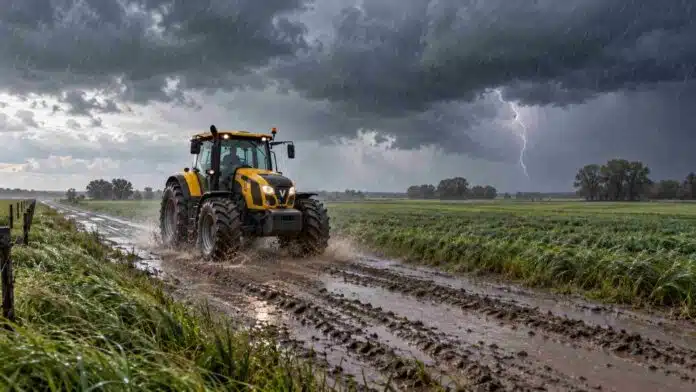 tractor-valtra-amarillo-tormenta-camino-rural Tractor Valtra amarillo avanza por un camino rural embarrado bajo la lluvia, con un relámpago sobre los campos al fondo