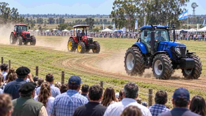 Tres tractores en acción recorren una pista ovalada de pasto durante una demostración a campo en la Expo Rural de Concepción del Uruguay