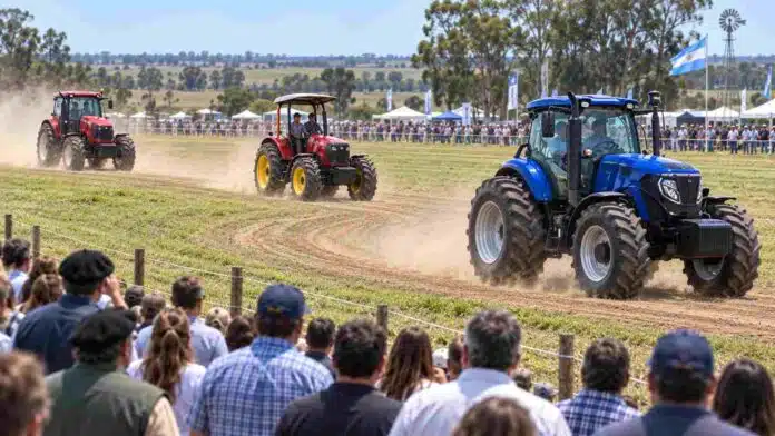 Tres tractores en acción recorren una pista ovalada de pasto durante una demostración a campo en la Expo Rural de Concepción del Uruguay