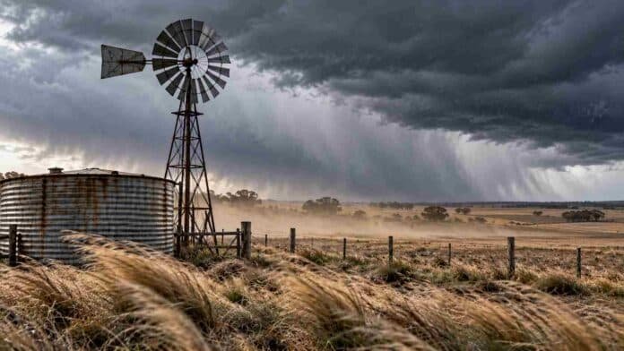 Viento fuerte sobre un campo argentino con molino y tanque australiano bajo cielo de tormenta