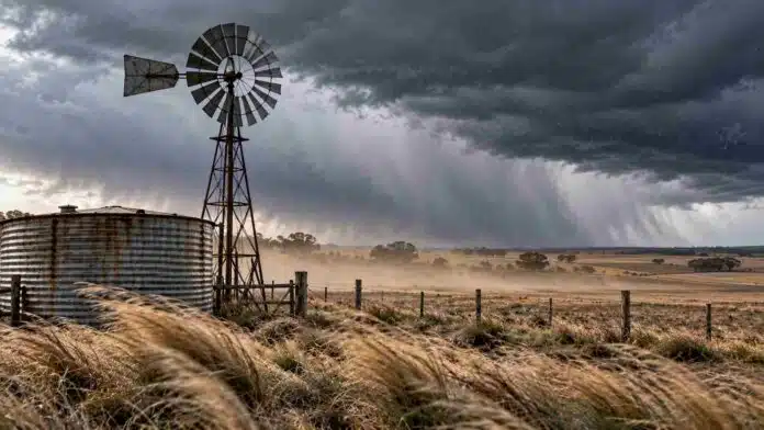 Viento fuerte sobre un campo argentino con molino y tanque australiano bajo cielo de tormenta