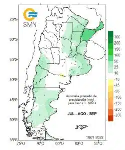 Anomalía de la precipitación del trimestre Jul-Ago-Sep (promedio de eventos El Niño). Fuente: SMN.