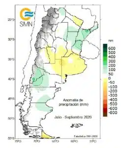 Anomalía de la precipitación registrada en el trimestre Jul-Ago-Sep de 2026. Fuente: SMN.