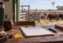 RENSPA: el SENASA extendió el plazo hasta el 6 de noviembre y aclaró qué productores no deben actualizar sus datos Documentación para la gestión de un establecimiento ganadero sobre una mesa de oficina rural, con bovinos en los corrales al fondo, ilustrando la actualización del RENSPA ante el SENASA.