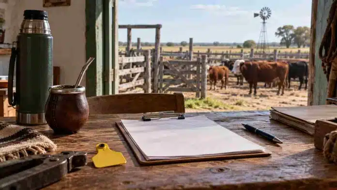 Documentación para la gestión de un establecimiento ganadero sobre una mesa de oficina rural, con bovinos en los corrales al fondo, ilustrando la actualización del RENSPA ante el SENASA.