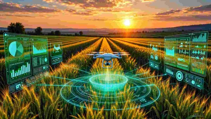 agricultura-digital-dron-datos-campo-ruralnet Dron sobre un cultivo con herramientas digitales de monitoreo y análisis de datos aplicadas a la agricultura de precisión.