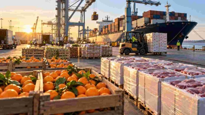 Cítricos, carne y otros productos agroindustriales listos para exportación en un puerto, en una imagen que representa el crecimiento de las ventas argentinas a la Unión Europea.