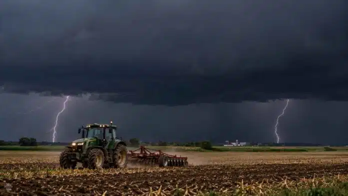 Tractor trabajando en un campo agrícola bajo un cielo cubierto de nubes negras de tormenta, con dos relámpagos y lluvias intensas en el horizonte.