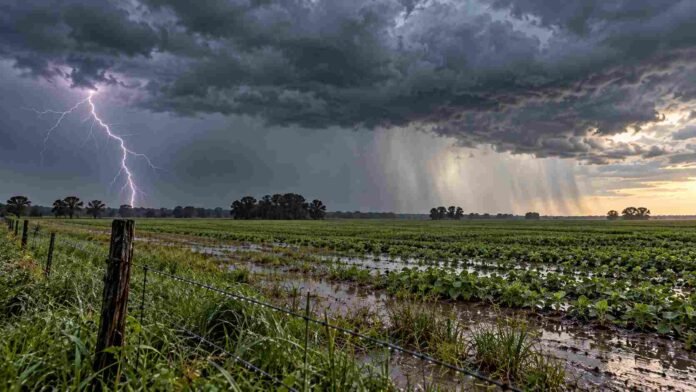 alerta-tormentas-30-octubre-campo-ruralnet Tormenta fuerte con relámpagos, lluvias intensas y cortinas de precipitación sobre un campo agrícola argentino, ante la alerta del SMN del 30 de octubre de 2026.