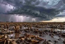 El SMN alerta por tormentas fuertes este sábado 31: ocho provincias bajo amenaza de granizo y ráfagas Tormenta fuerte con relámpagos sobre un campo en barbecho con rastrojo de maíz y suelo encharcado en la región pampeana argentina.