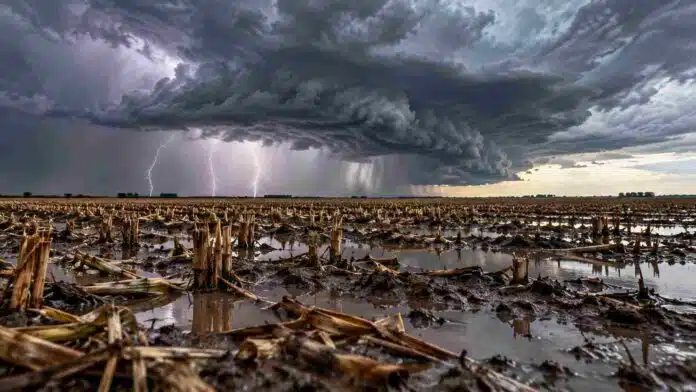 Tormenta fuerte con relámpagos sobre un campo en barbecho con rastrojo de maíz y suelo encharcado en la región pampeana argentina.