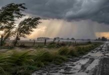 Rigen alertas en ocho provincias: ráfagas de más de 100 km/h, tormentas y hasta 40 cm de nieve Fuerte viento y tormentas sobre un camino rural anegado durante una jornada con alertas meteorológicas.