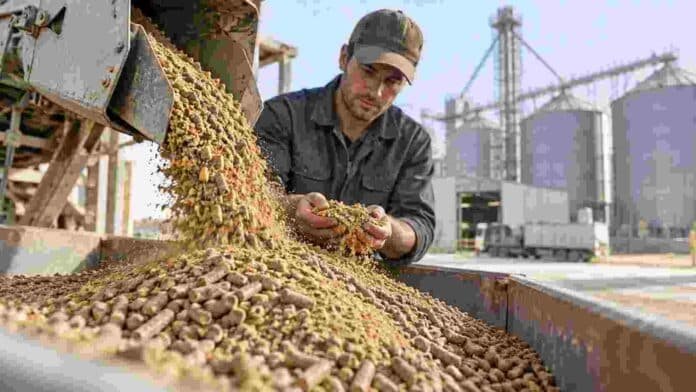Operario revisando alimento balanceado en una planta de nutrición animal, con pellets y materias primas destinadas a la elaboración de raciones.