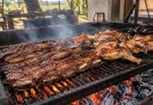 La carne vacuna cuesta 82% más en Estados Unidos que en Argentina: qué pasa con el pollo Tira de asado y piezas de pollo doradas sobre una parrilla argentina tradicional, cocinándose a las brasas con humo y fuego en un entorno rural.