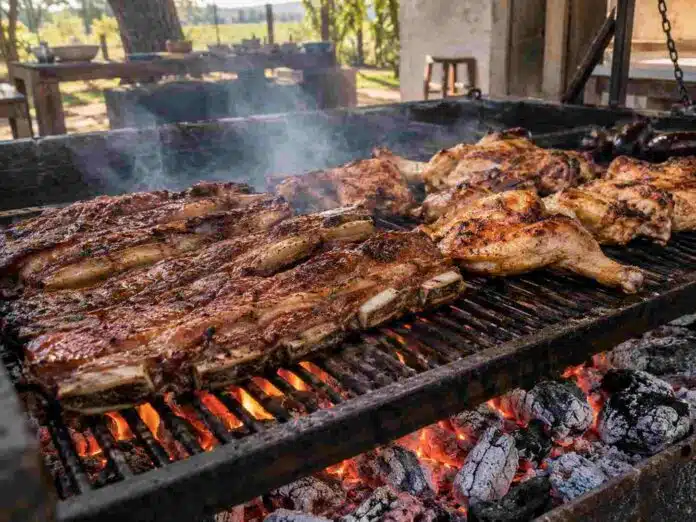 Tira de asado y piezas de pollo doradas sobre una parrilla argentina tradicional, cocinándose a las brasas con humo y fuego en un entorno rural.