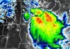 Cuatro avisos inmediatos por tormentas fuertes: granizo y ráfagas afectan a tres provincias Imagen satelital de tormentas fuertes sobre el noreste argentino y zonas vecinas, con núcleos de mayor intensidad destacados en colores verde, amarillo, naranja y rojo.