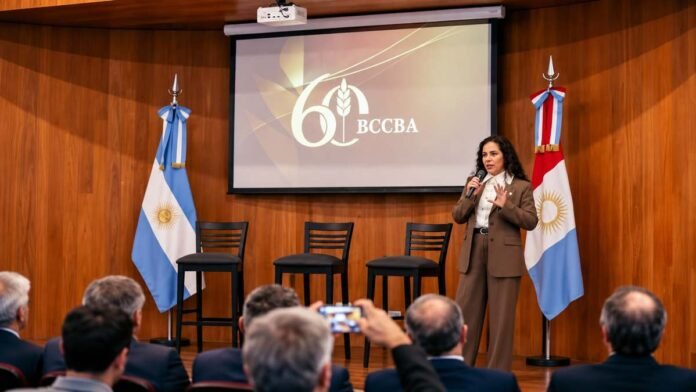 Exposición en la Bolsa de Cereales de Córdoba durante una jornada institucional por su 60° aniversario.