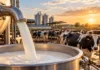 Lechería argentina: la calidad de la leche alcanza su mejor nivel en 12 años y la producción crece 4,1% Producción de leche en un tambo argentino con vacas Holando, instalaciones lecheras y equipamiento de acero inoxidable.