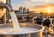 Lechería argentina: la calidad de la leche alcanza su mejor nivel en 12 años y la producción crece 4,1% Producción de leche en un tambo argentino con vacas Holando, instalaciones lecheras y equipamiento de acero inoxidable.