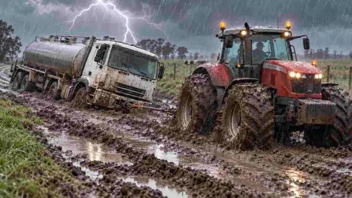 Camión cisterna lechero encajado en el barro mientras un tractor Massey Ferguson con duales lo remolca bajo la lluvia y un relámpago en un camino rural.