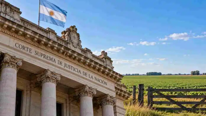 Corte Suprema de Justicia de la Nación junto a un paisaje rural argentino, en una imagen vinculada a la suspensión del artículo del DNU sobre tierras rurales.