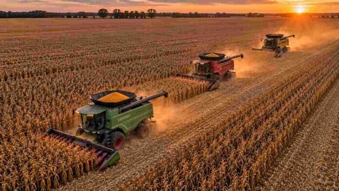 cosecha-maiz-tres-cosechadoras-fendt-massey-ferguson-challenger Tres cosechadoras Fendt, Massey Ferguson y Challenger cosechan maíz en tándem, avanzando por surcos paralelos al atardecer, vistas desde un dron.