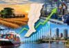 Santa Fe creció 5,5% en 2025 y alcanzó un récord histórico Imagen ilustrativa del crecimiento económico argentino con cosecha agrícola, industria, exportaciones portuarias y desarrollo urbano, acompañados por un mapa de Argentina y gráficos ascendentes