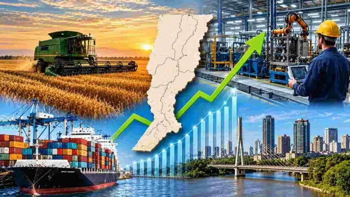 Imagen ilustrativa del crecimiento económico argentino con cosecha agrícola, industria, exportaciones portuarias y desarrollo urbano, acompañados por un mapa de Argentina y gráficos ascendentes