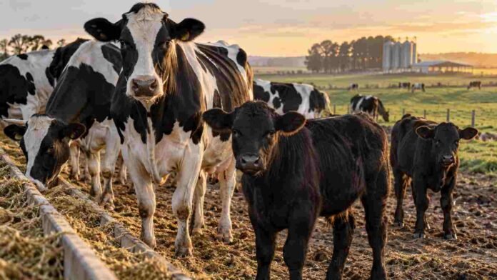 Vacas Holstein junto a terneros de cruzamiento carnicero en un tambo, como parte de una estrategia beef on dairy.