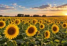 La siembra de girasol alcanzó el 32,9% del área proyectada Lote de girasol en plena floración, con plantas uniformes y buen desarrollo en un campo agrícola.