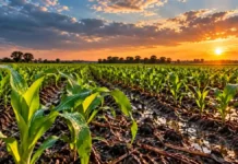 Más agua no alcanza: el INTA advierte qué nutrientes pueden limitar los rindes en una campaña húmeda Cultivo de maíz en crecimiento sobre un suelo húmedo, con surcos anegados y un cielo de nubes oscuras iluminadas por el atardecer.