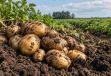 Economías regionales: la papa es la única que mejoró en el semáforo de Coninagro Papas recién cosechadas sobre suelo agrícola, con el cultivo de papa de fondo en un campo argentino.