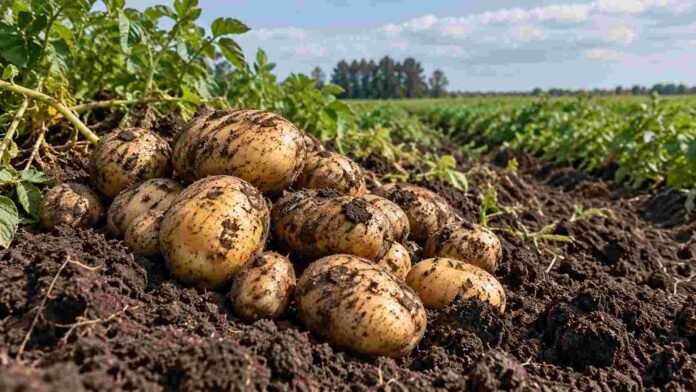 cultivo-papa-cosecha-campo-argentino-ruralnet Papas recién cosechadas sobre suelo agrícola, con el cultivo de papa de fondo en un campo argentino.