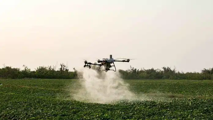 dron-agricola-aplicacion-lote-humedo-ruralnet Dron agrícola realizando una aplicación sobre un lote, una herramienta que permite trabajar cuando el exceso de humedad dificulta el ingreso de maquinaria terrestre.