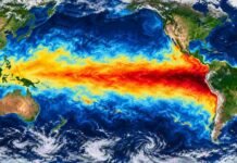 El Niño 2026: advierten por inundaciones en el norte argentino y efectos sobre el agro Mapa ilustrativo del océano Pacífico ecuatorial con el calentamiento asociado a El Niño 2026 extendiéndose hacia Sudamérica.