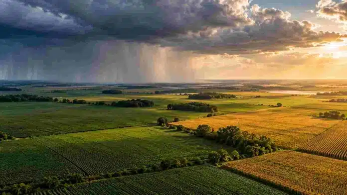 el-nino-lluvias-campo-argentino-ruralnet Lluvias intensas sobre una parte de una región agrícola argentina mientras otros lotes permanecen bajo cielo despejado, en una imagen ilustrativa del impacto de El Niño.