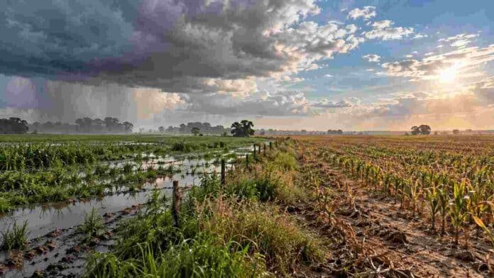 Contraste entre un lote anegado por lluvias y otro más seco, representando el impacto desigual de El Niño en distintas regiones agrícolas de Argentina.